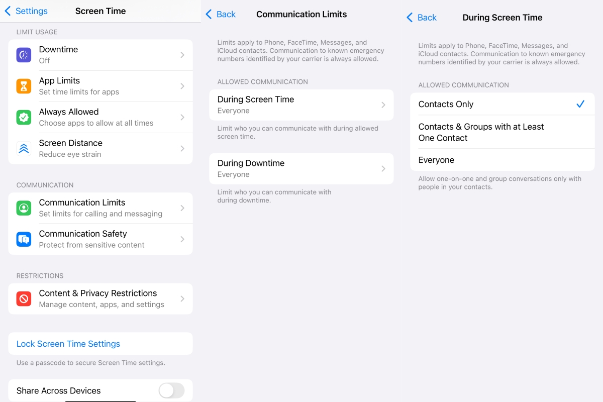 Screen Time Communication Settings monitor kid's messages using iPhone communication limits